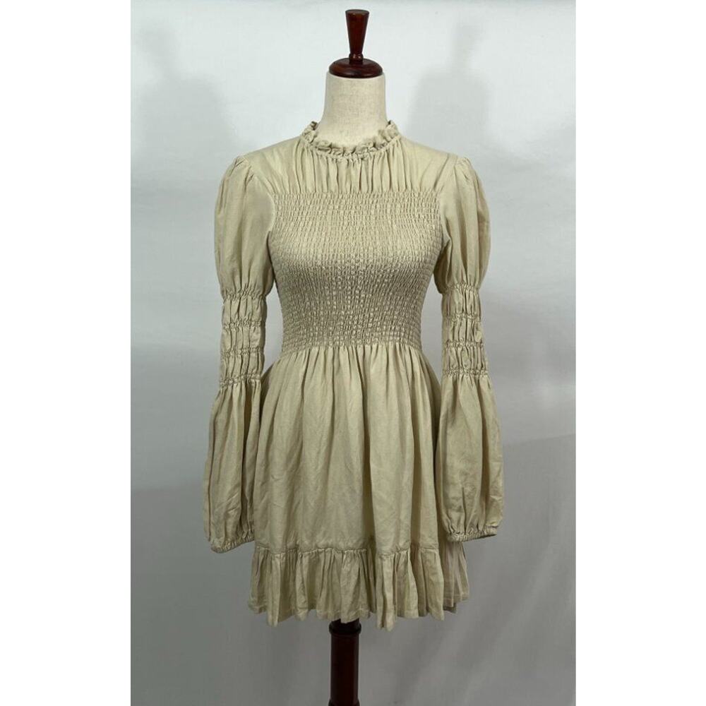 NARY Resort Sz S Small Shirred Turtleneck Dress Beige Smocked Long Sleeve